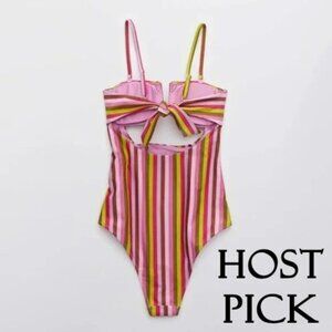 NWOT Aerie multicoloured striped smocked bandeau one piece swimsuit w  cutouts
